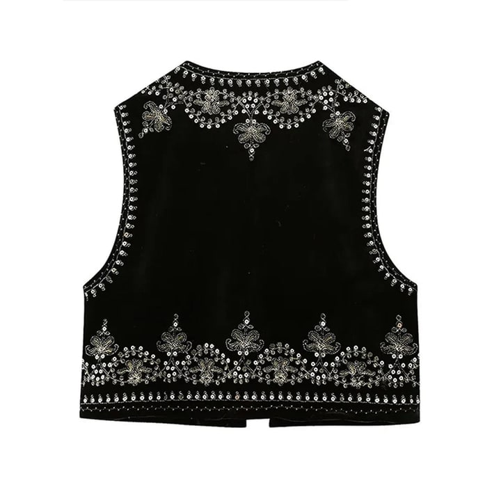Gilet donna ricamato stile bohemien con scintillanti paillettes oro e argento, per un tocco di moda e stile.
