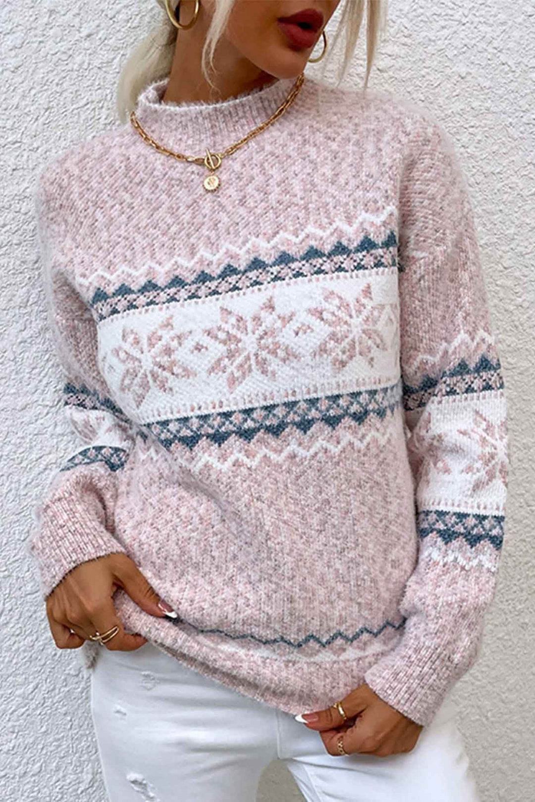 Maglione donna Fair Isle collo alto con fiocco di neve, caldo e comodo per l'inverno. Pullover elegante.