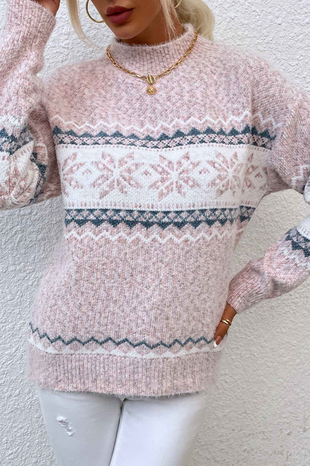 Pullover donna invernale Fair Isle con collo alto e fiocco di neve. Maglione caldo, comodo ed elegante.