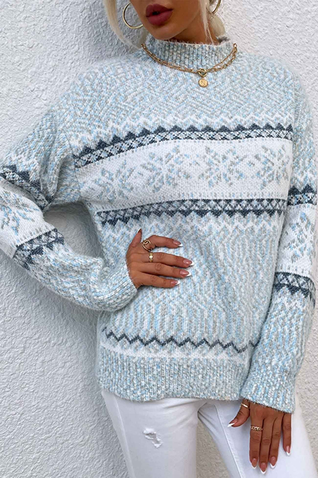 Maglione donna invernale Fair Isle, collo alto con fiocco di neve. Pullover caldo e morbido per il massimo comfort.