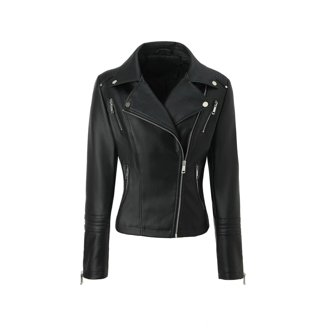 Giacca biker donna nera con zip asimmetrica e spalle trapuntate. Stile rock moderno, capo spalla versatile.