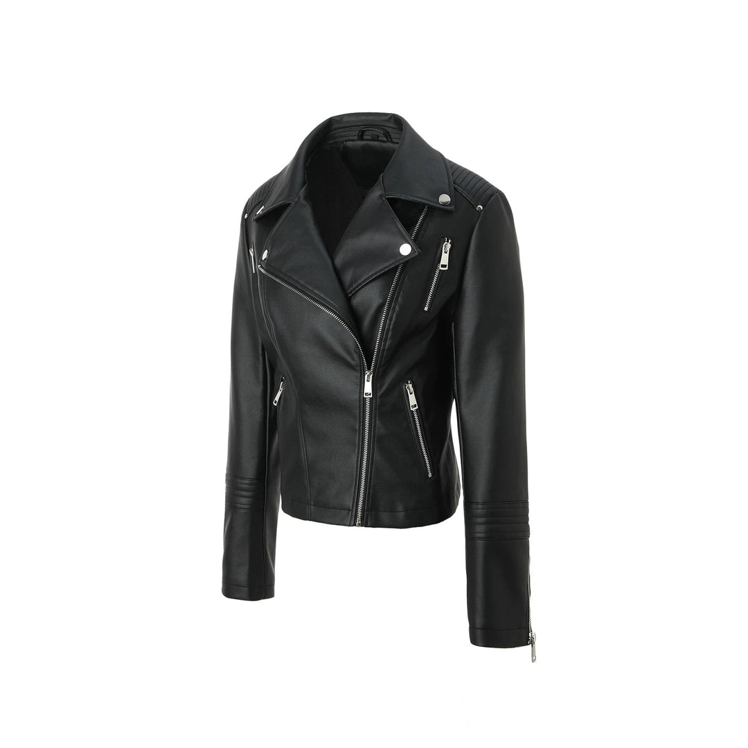 Moderna giacca biker da donna con zip asimmetrica e spalle trapuntate. Ideale per un look rock ed elegante.