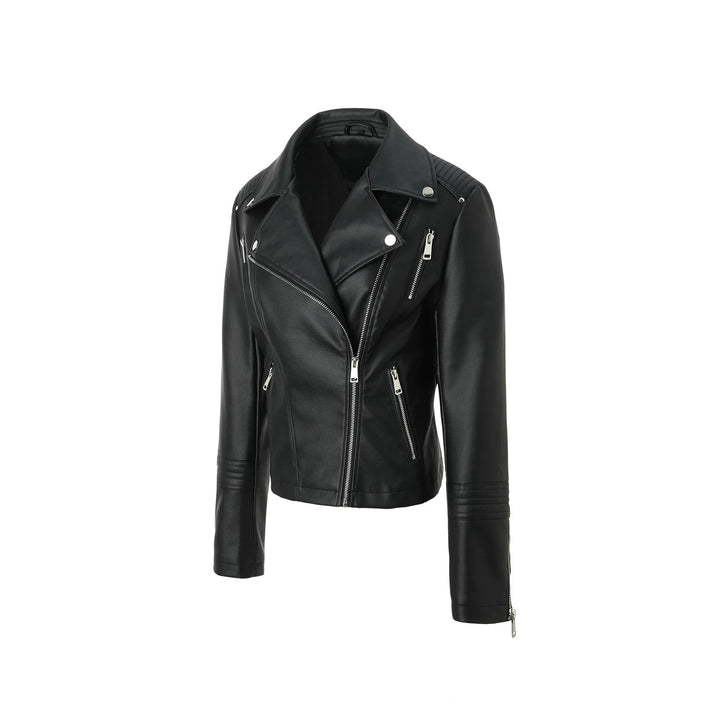 Moderna giacca biker da donna con zip asimmetrica e spalle trapuntate. Ideale per un look rock ed elegante.