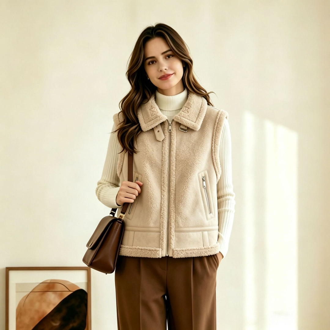 Gilet aviatore donna elegante con zip e collo alto con fibbia, perfetto per autunno/inverno. Abbigliamento moda femminile.