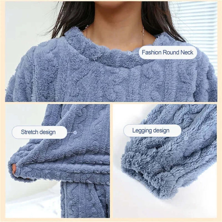Set pigiama donna elegante e caldo in pile, con maniche lunghe per il comfort invernale.