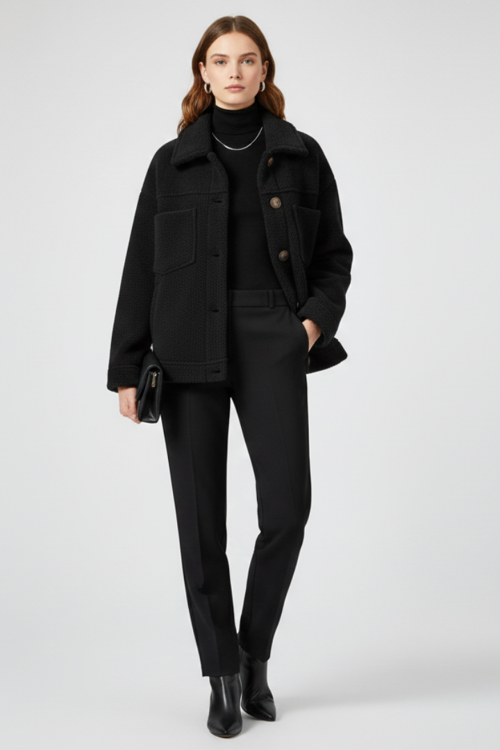 Shacket donna con bottoni e tasche funzionali, ideale per abbigliamento autunnale.