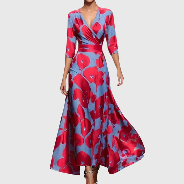 Abito maxi floreale da donna con scollo a V, maniche lunghe e pratiche tasche per un look estivo casual.
