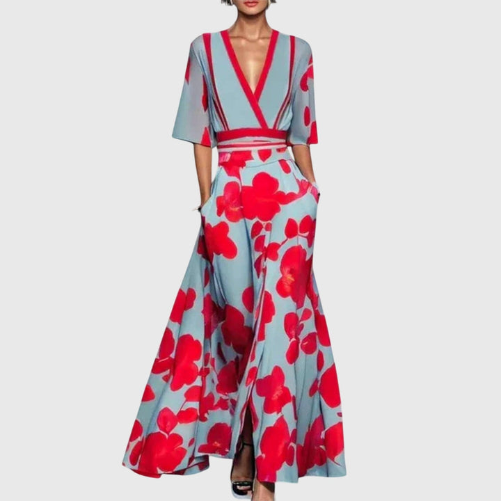 Vestito estivo floreale da donna elegante, con scollo a V e tasche, perfetto per occasioni casual o serate.