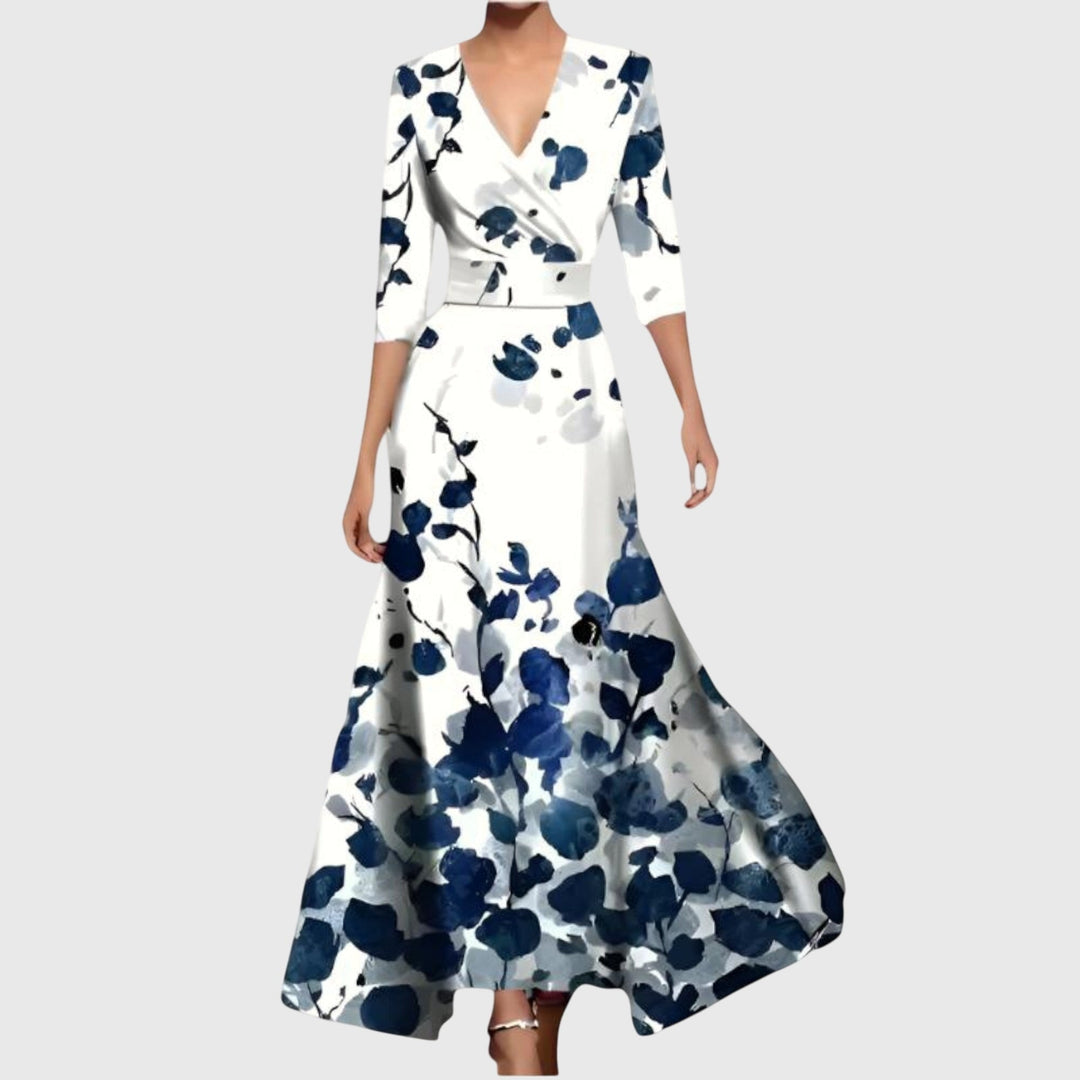 Abito floreale da donna con scollo a V profondo, manica lunga e tasche laterali, vestito estivo comodo.