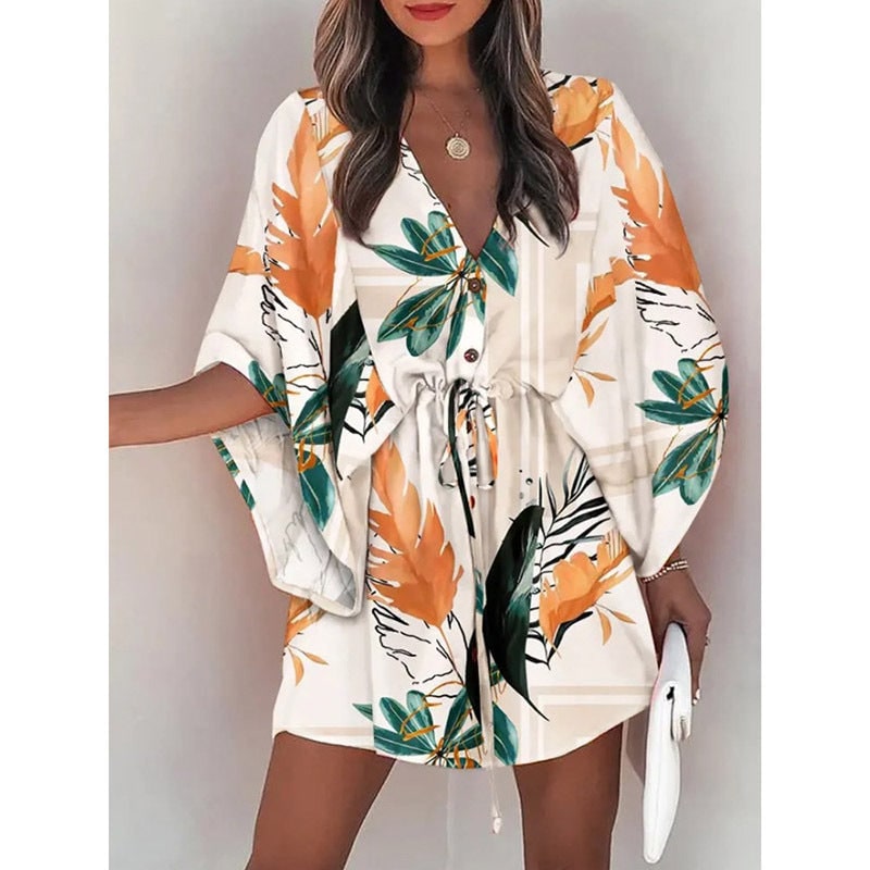 Abito casual donna floreale, scollo a V, maniche a pipistrello, perfetto per l'estate.