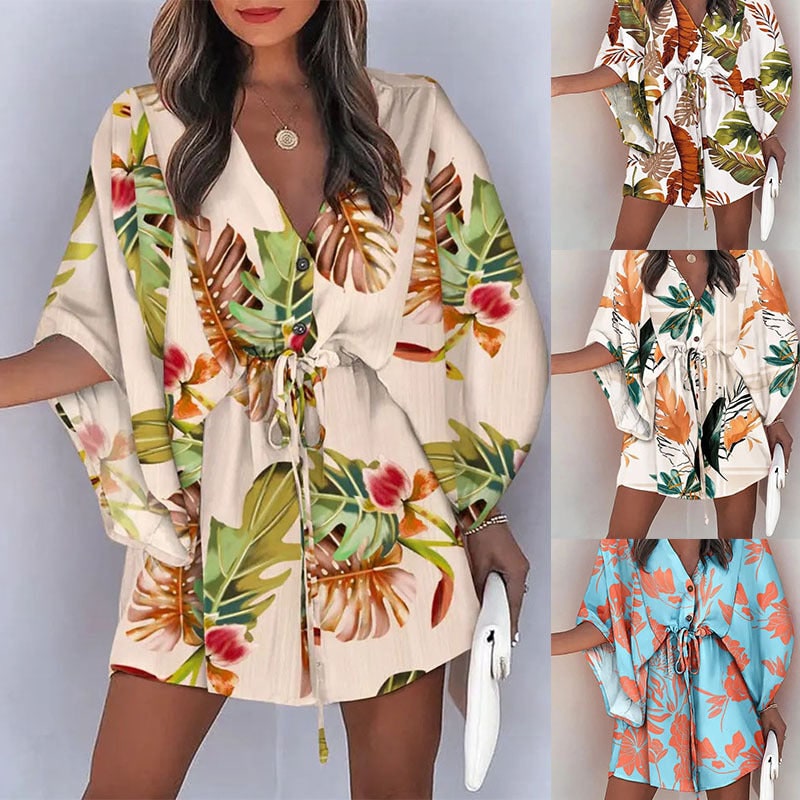 Vestito corto floreale donna, vita regolabile, maniche a pipistrello, moda estiva.