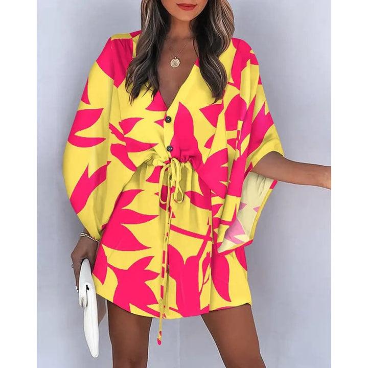 Vestito corto estivo floreale per donna, scollo a V, maniche a pipistrello, stile casual.