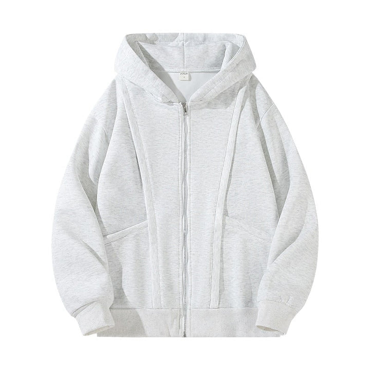 Comoda felpa donna casual grigia, con cappuccio e cerniera, perfetta per il tempo libero e l'abbigliamento versatile.