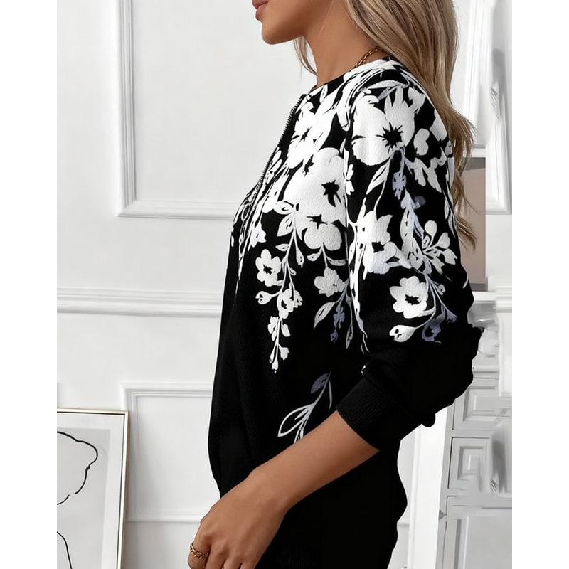 Abbigliamento donna: felpa con stampa botanica, mezza zip, perfetta per un outfit quotidiano comodo e stiloso.