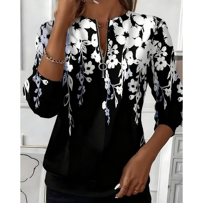 Sweatshirt floreale versatile da donna con mezza zip, maniche lunghe, per un comfort primaverile-autunnale.
