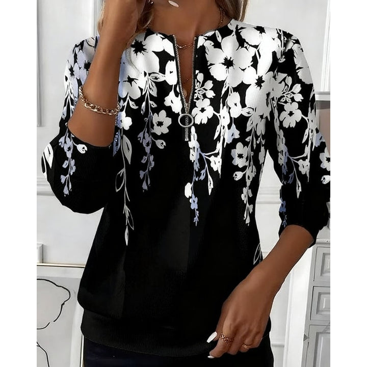 Sweatshirt floreale versatile da donna con mezza zip, maniche lunghe, per un comfort primaverile-autunnale.