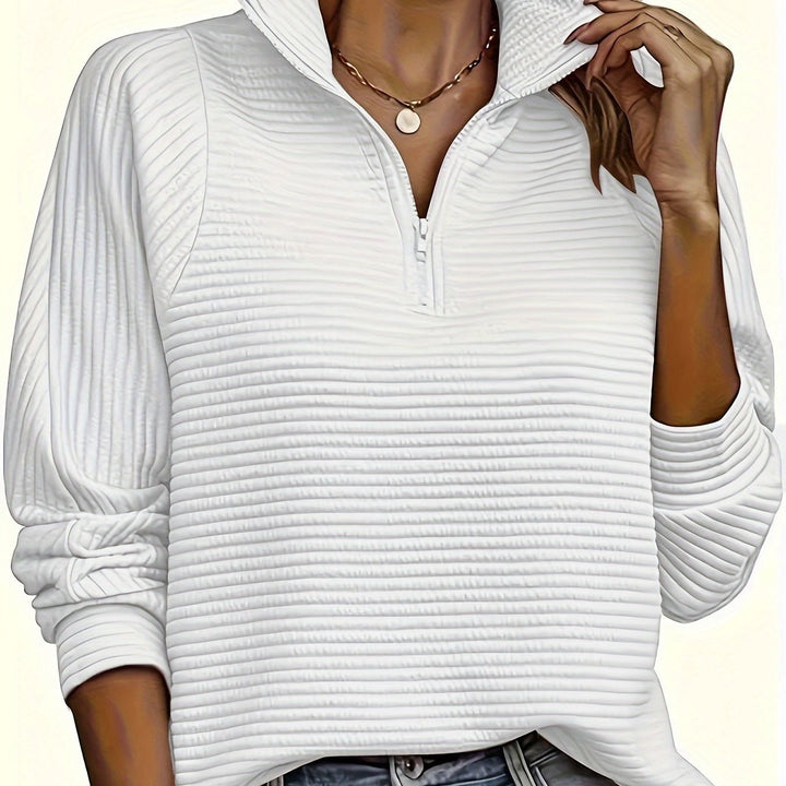Felpa donna autunnale alla moda, mezzo zip, collo alto. Pullover testurizzato, stile confortevole.