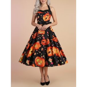 Abito Halloween donna vintage Linea A con stampa zucca, collo all'americana e fascia in raso, perfetto per feste a tema.