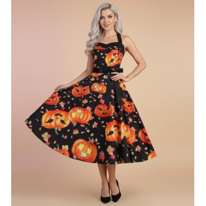 Vestito zucca donna stile rockabilly Linea A. Elegante abito Halloween retrò con collo all'americana e dettagli in raso.
