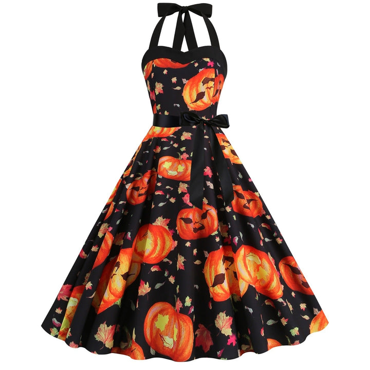 Abito Halloween donna festivo con stampa zucca vibrante. Vestito Linea A stile vintage, ideale per un look autunnale.