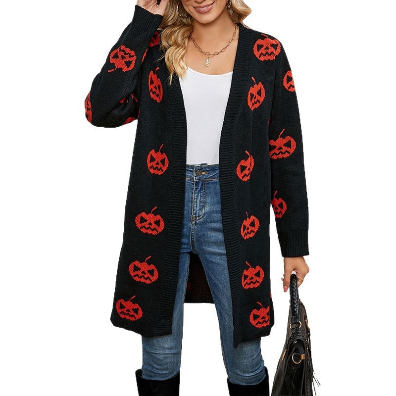 Trendy cardigan lungo da donna per Halloween, con stampa zucca. Comodo abbigliamento autunnale aperto sul davanti.