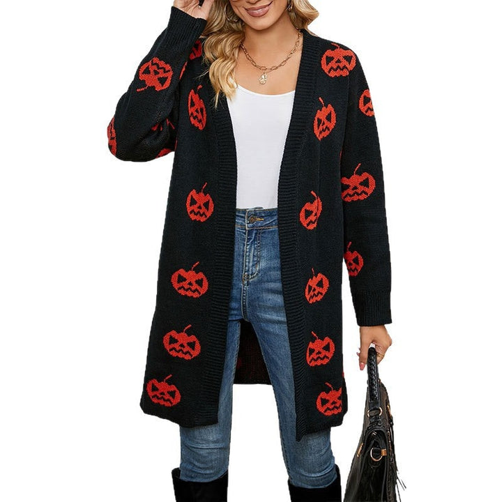 Trendy cardigan lungo da donna per Halloween, con stampa zucca. Comodo abbigliamento autunnale aperto sul davanti.