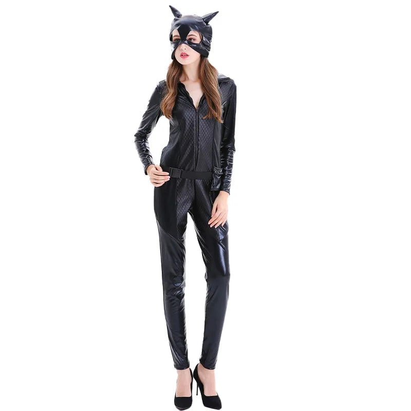 Travestimento Gatto Ladro Donna: Completo nero attillato con accessori da gatto per Halloween o feste a tema.