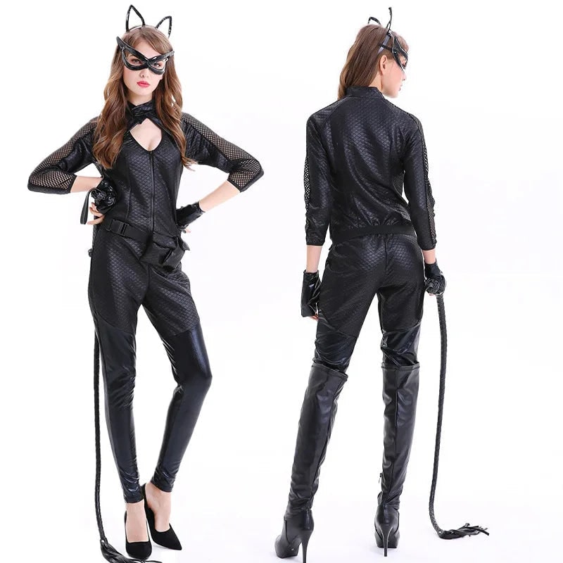 Costume Donna Halloween Gatto: Tuta nera aderente con maschera da gatto, orecchie per un cosplay sexy e intrigante.