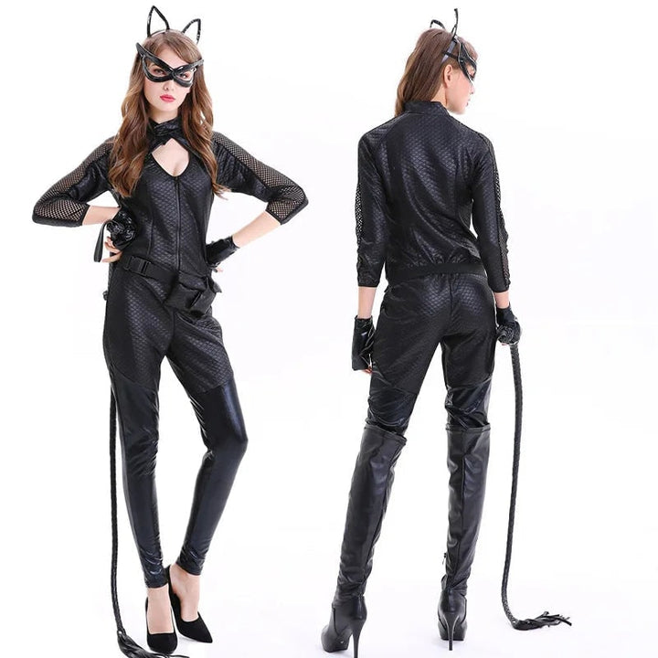 Costume Donna Halloween Gatto: Tuta nera aderente con maschera da gatto, orecchie per un cosplay sexy e intrigante.