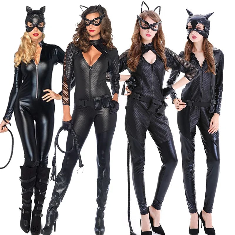 Abito Nero Gatto Ladro Cosplay: Sexy tuta da gatta con maschera e orecchie, perfetta per feste a tema o Halloween.