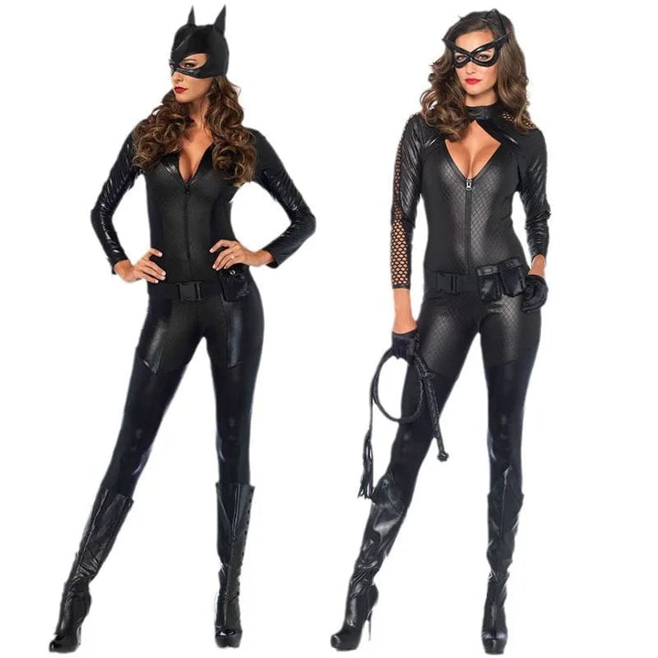 Dettaglio Costume Gatto Ladro: Maschera, orecchie nere e guanti abbinati a una tuta sexy da gatto per Halloween.