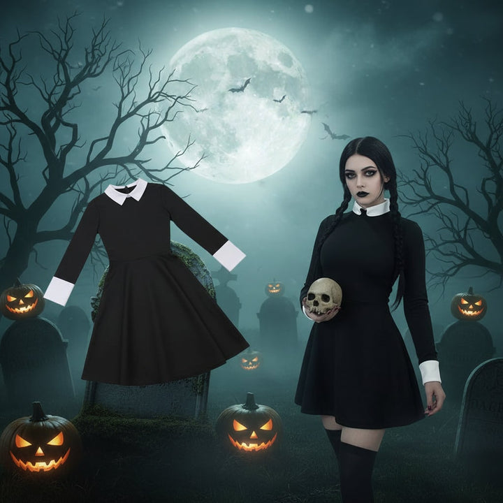 Abito gotico da studentessa per Halloween, elegante vestito da donna nero con colletto bianco, perfetto per feste.