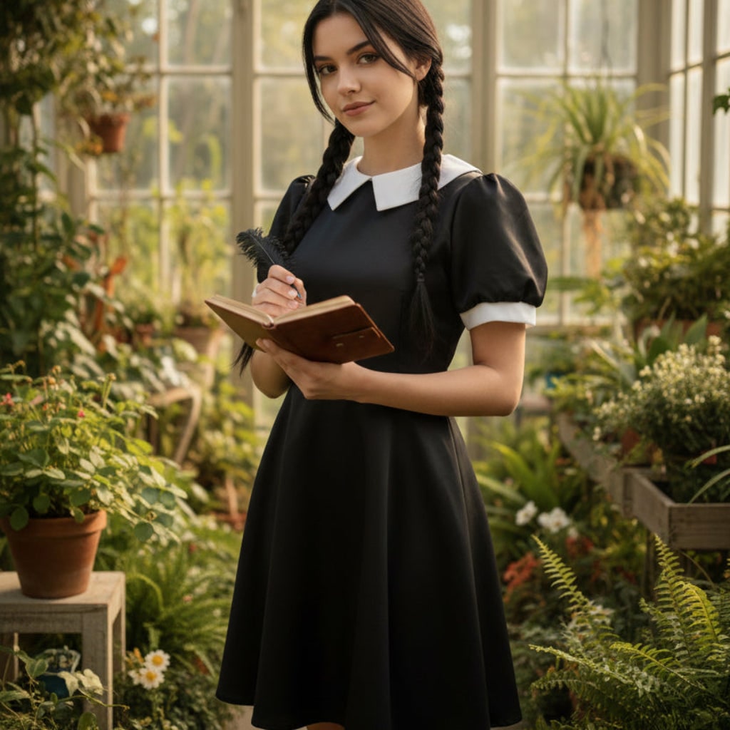 Costume da studentessa gotica con colletto bianco per donna, ideale per Halloween, cosplay e feste a tema.