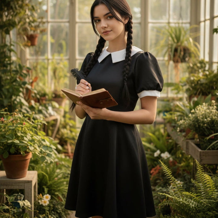Costume da studentessa gotica con colletto bianco per donna, ideale per Halloween, cosplay e feste a tema.