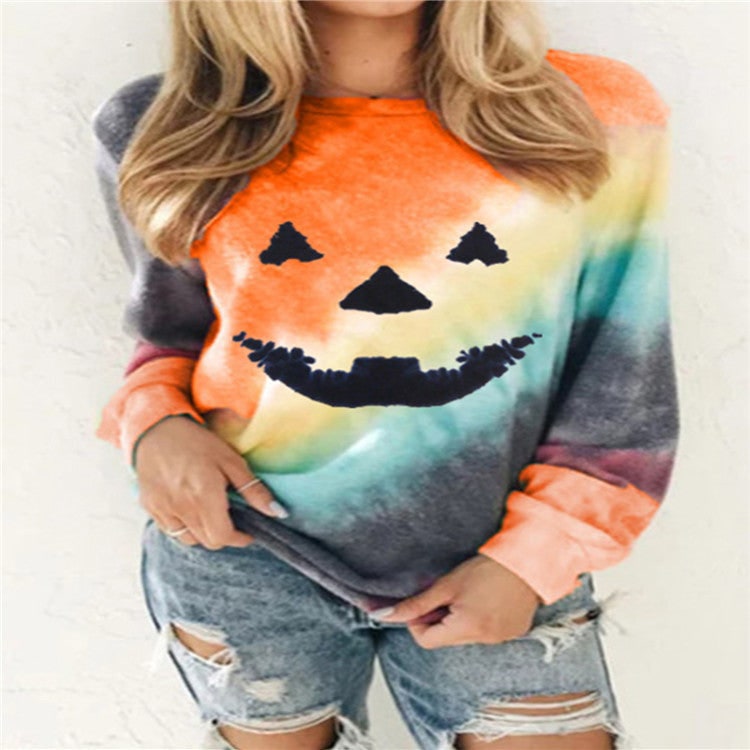 Felpa donna Halloween tie-dye girocollo con stampa zucca. Ideale per look autunnale casual o feste spettrali.