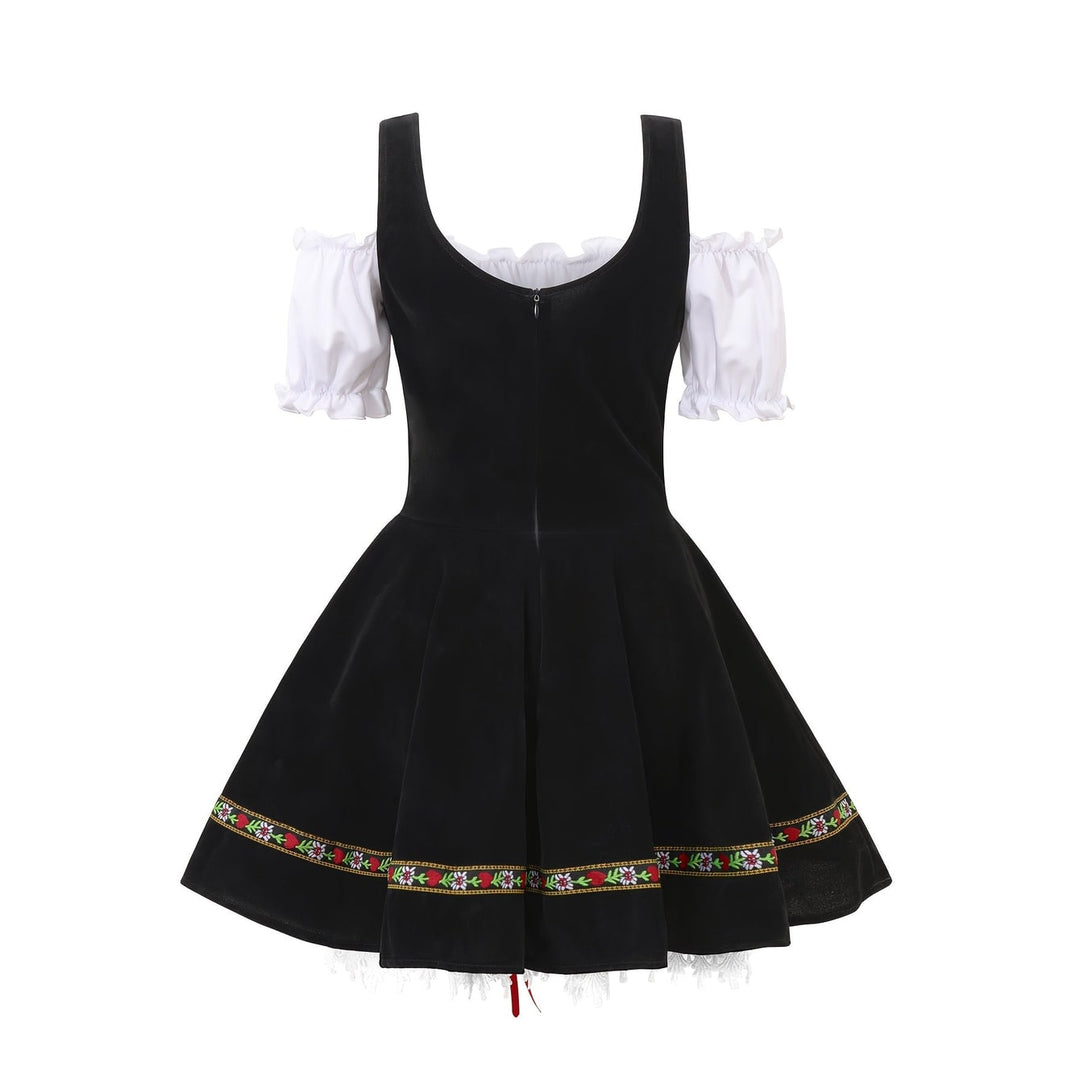 Costume Dirndl bavarese tradizionale con maniche a sbuffo, perfetto per Oktoberfest e Halloween.