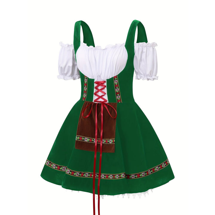 Vestito tradizionale Dirndl per festa della birra, stile bavarese classico, completo di grembiule.