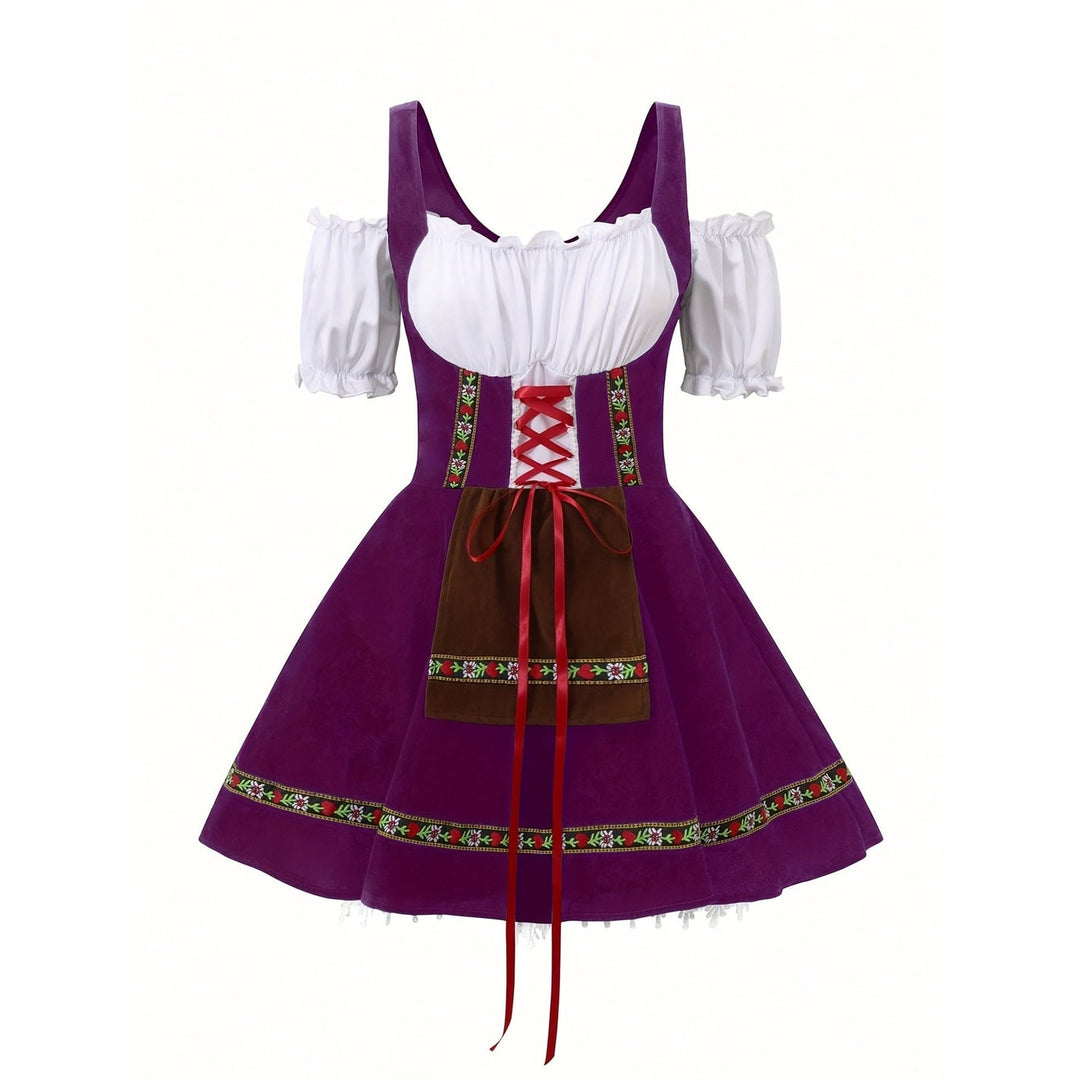 Dirndl bavarese tradizionale con grembiule e maniche a sbuffo, ideale per Oktoberfest e Halloween.
