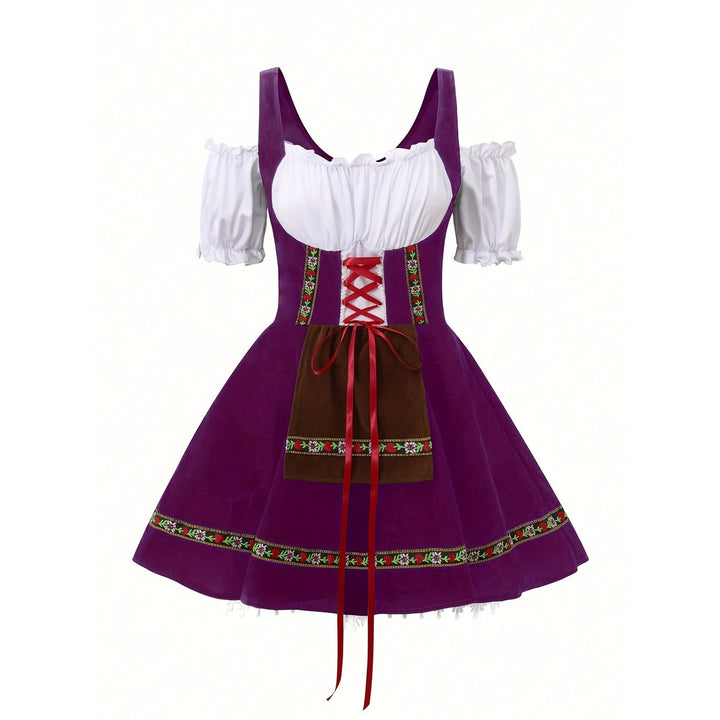 Dirndl bavarese tradizionale con grembiule e maniche a sbuffo, ideale per Oktoberfest e Halloween.