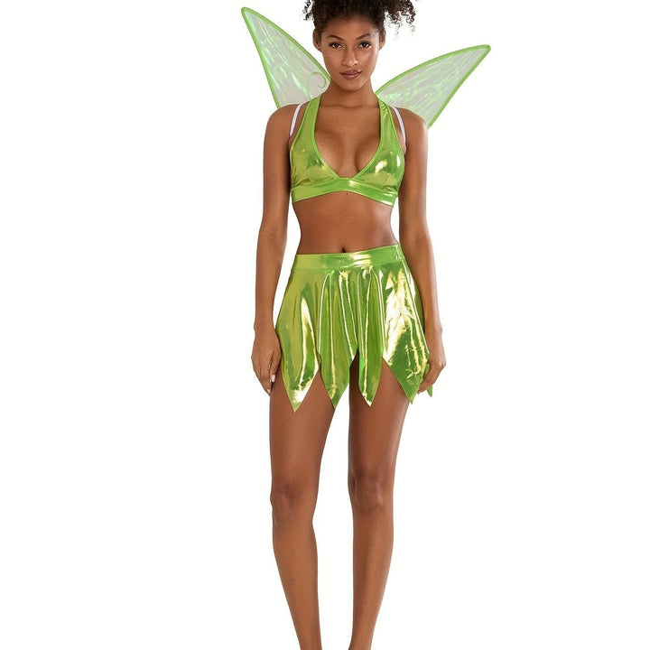 Costume da Fata Halloween donna set 3 pezzi: ali staccabili, gonna a petalo e top all'americana. Perfetto per feste.