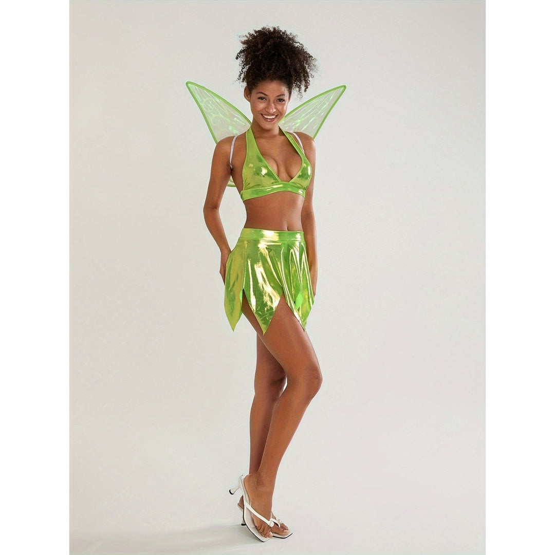 Costume da Fata Halloween donna incantevole: set 3 pezzi con ali staccabili, top e gonna a petalo. Per feste.