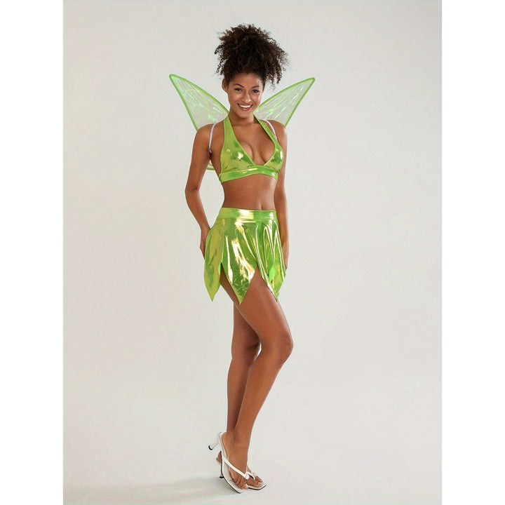 Costume da Fata Halloween donna incantevole: set 3 pezzi con ali staccabili, top e gonna a petalo. Per feste.