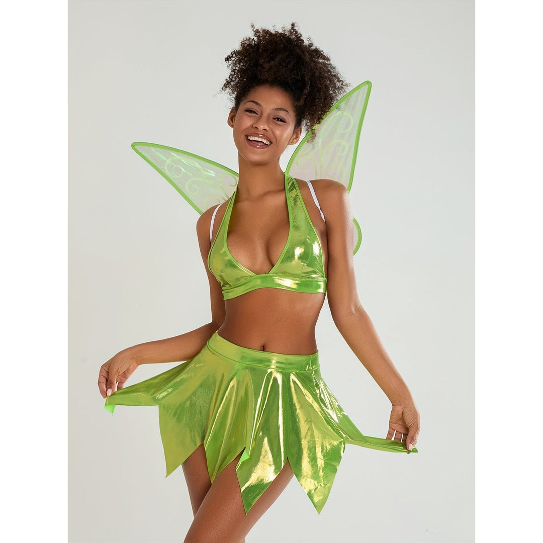 Costume da Fata Halloween donna completo: set 3 pezzi con ali staccabili, top e gonna. Incanta la notte con stile.