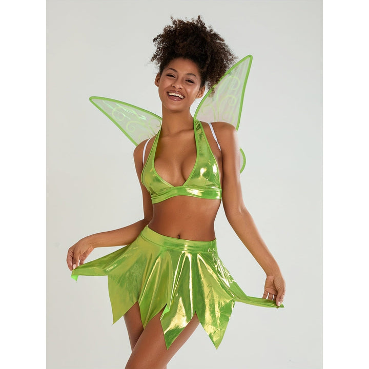 Costume da Fata Halloween donna completo: set 3 pezzi con ali staccabili, top e gonna. Incanta la notte con stile.