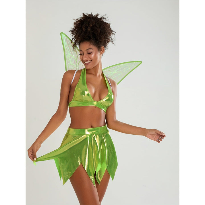 Set 3 pezzi costume Fata Halloween donna: top all'americana, gonna a petalo e ali staccabili. Ideale per party.