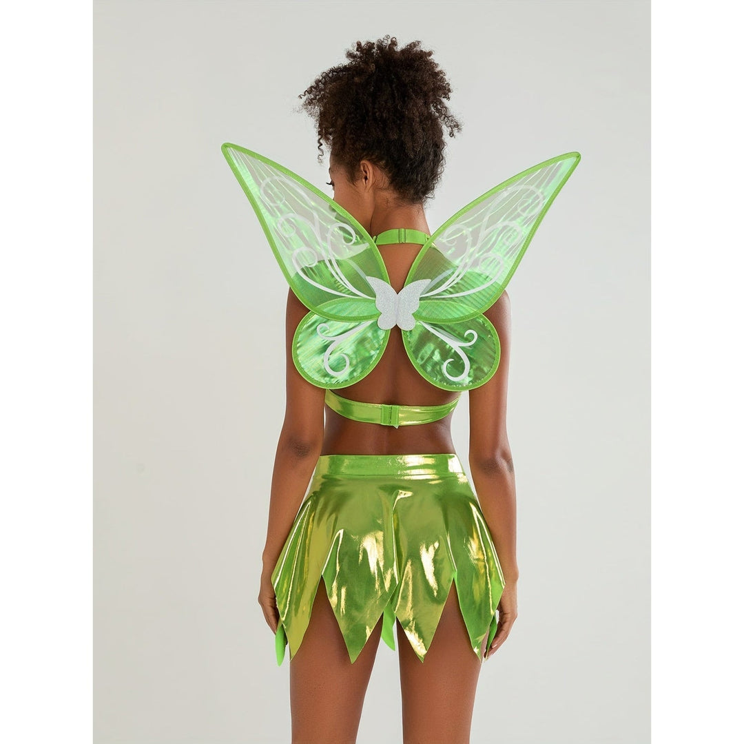 Costume Fata Halloween donna elegante, con top all'americana, gonna a petalo e ali staccabili. Perfetto per festa.