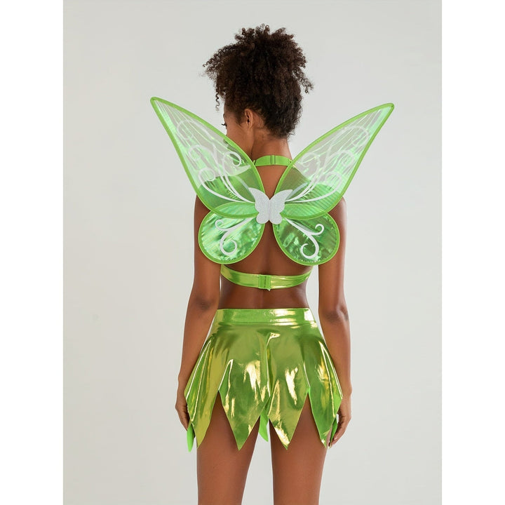 Costume Fata Halloween donna elegante, con top all'americana, gonna a petalo e ali staccabili. Perfetto per festa.