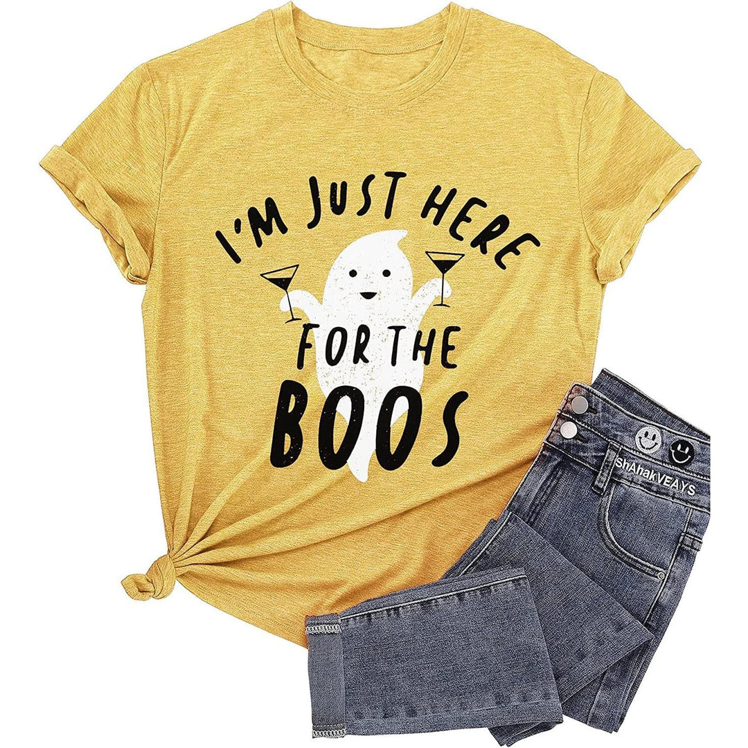 Maglietta donna per Halloween: grafica spettrale divertente con fantasma e girocollo effetto vintage.