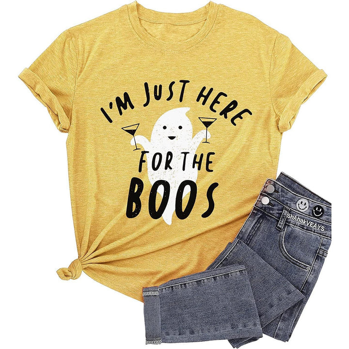 Maglietta donna per Halloween: grafica spettrale divertente con fantasma e girocollo effetto vintage.