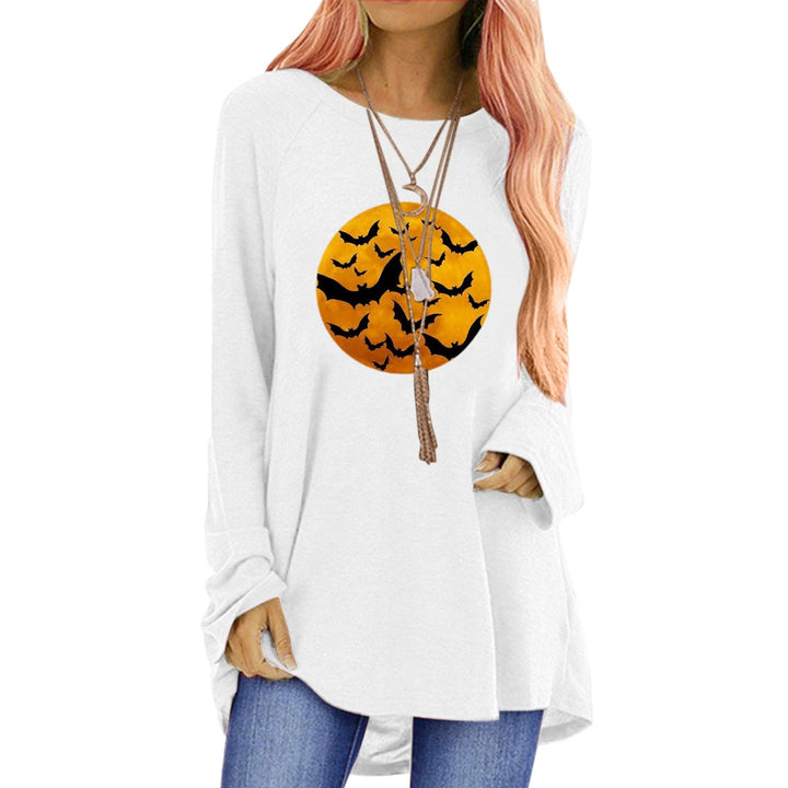 Tunica donna manica lunga Halloween, motivo spettrale di luna e pipistrelli. Perfetta per un look casual autunnale.